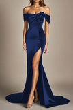 Mermaid Black Off the Shoulder Satin Evening Dress with Slit