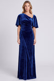 Dark Grey Asymmetrical Neck Velvet Formal Dress with Short Sleeves