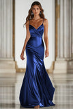 Dark Green Mermaid Spaghetti Straps Satin Long Gala Dress