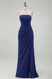 Light Pink Strapless Ruched Sheath Long Prom Dress with Slit