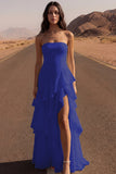 Strapless Ruffled Ivory A Line Maxi Wedding Dress with Slit