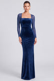 Velvet Mermaid Dark Green Square Neck Long Sleeve Formal Dress