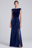 Black and Brown Velvet Bateau Neck Cap Sleeve Long Formal Dress with Slit