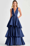 A-Line V Neck Tiered Long Prom Dress with Ruffles