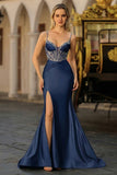 Dusty Blue Mermaid Corset Beaded Lace Up Back Long Prom Dress with Slit