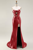 Metallic Fuchsia Strapless Mermaid Cut Out Lace Up Back Long Prom Dress with Slit