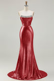 Metallic Fuchsia Strapless Beaded Mermaid Corset Long Prom Dress