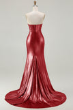 Metallic Fuchsia Strapless Beaded Mermaid Corset Long Prom Dress