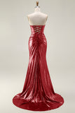 Metallic Fuchsia Strapless Mermaid Cut Out Lace Up Back Long Prom Dress with Slit