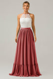 A-Line Halter Pleated Keyhole Chiffon Bridesmaid Dress With Lace