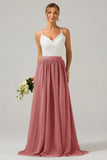 A-Line Spaghetti Straps Pleated Long Bridesmaid Dress With Lace