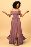 A Line Spaghetti Straps Long Chiffon Bridesmaid Dress With Slit