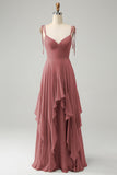 A Line Spaghetti Straps Chiffon Long Bridesmaid Dress with Ruffles