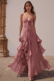 Dusty Blue Spaghetti Straps Chiffon A-Line Ruffled Bridesmaid Dress