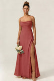 Green Flower A Line Spaghetti Straps Chiffon Long Bridesmaid Dress with Slit