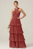 Lilac Halter Keyhole A Line Tiered Ruffle Pleated Bridesmaid Dress