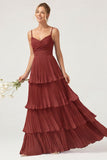 Dark Green A Line Ruched Pleated Spaghetti Straps Tiered Bridesmaid Dress