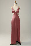 Dark Green Sheath Spaghetti Straps Cut Out Satin Long Bridesmaid Dress