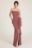 Dusty Sage Strapless Mermaid Ruched Wedding Guest Dress with Slit