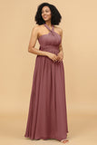 A Line One Shoulder V Neck Halter Neck Floor Length Grey Blue Bridesmaid Dress