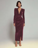 Olive Sheath Long Sleeves Velvet Ruched Formal Dress with Slit