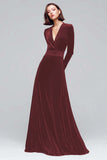 Black Velvet A Line V-Neck Long Sleeves Maxi Holiday Party Dress
