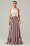 A-Line Halter Pleated Keyhole Chiffon Bridesmaid Dress With Lace