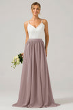 A-Line Spaghetti Straps Pleated Long Bridesmaid Dress With Lace