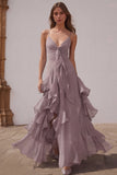 Dusty Blue Spaghetti Straps Chiffon A-Line Ruffled Bridesmaid Dress