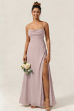 Green Flower A Line Spaghetti Straps Chiffon Long Bridesmaid Dress with Slit