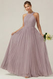 Dusty Sage A Line Halter Pleated Long Bridesmaid Dress