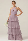 Lilac Halter Keyhole A Line Tiered Ruffle Pleated Bridesmaid Dress
