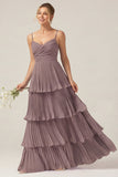 Dark Green A Line Ruched Pleated Spaghetti Straps Tiered Bridesmaid Dress