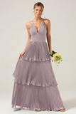 Dusty Rose A-Line Halter Tiered Floor Length Chiffon Long Bridesmaid Dress