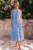 Pink Halter A Line Tiered Ruffle Midi Wedding Guest Dress