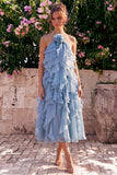 Lake Blue Halter A Line 3D Flower Wedding Guest Dress with Ruffles