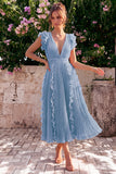 Dusty Rose V Neck A Line Ruffle Pleated Midi Wedding Guest Dress