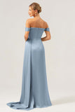 Stylish Dark Green Mermaid Off The Shoulder Pleated Satin Long Bridesmaid Dress with Slit