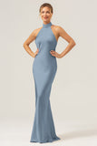 Champagne Sheath Halter Backless Long Satin Bridesmaid Dress with Slit