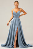 Royal Blue A Line V Neck Pleated Satin Bridesmaid Dress with Slit