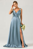 Dark Green A-Line Spaghetti Straps Pleated Satin Long Bridesmaid Dress With Slit