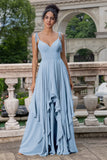 Pine A Line Spaghetti Straps Chiffon Long Asymmetrical Bridesmaid Dress with Ruffles