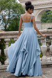 Pine A Line Spaghetti Straps Chiffon Long Asymmetrical Bridesmaid Dress with Ruffles