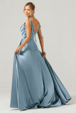 Dark Green A-Line Spaghetti Straps Pleated Satin Long Bridesmaid Dress With Slit