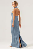 Champagne Sheath Halter Backless Long Satin Bridesmaid Dress with Slit
