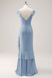 Dusty Sage Sheath V Neck Open Back Chiffon Long Bridesmaid Dress with Ruffles