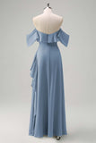Light Green Sheath Off The Shoulder Chiffon Long Bridesmaid Dress with Ruffle Slit