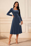 Dark Green A Line Velvet Long Sleeves Holiday Party Dress