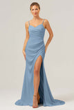 Black Sheath Spaghetti Straps Ruched Long Satin Bridesmaid Dress with Slit