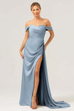 Stylish Dark Green Mermaid Off The Shoulder Pleated Satin Long Bridesmaid Dress with Slit
